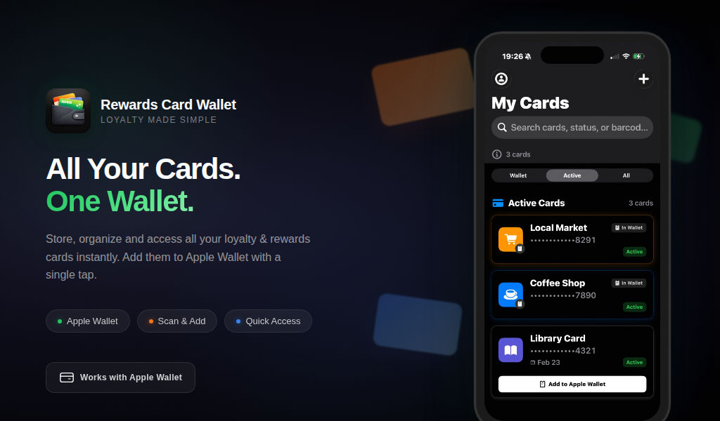 Rewards Card Wallet app screenshot showing loyalty cards management